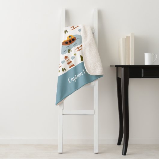 Cute Nautical Lighthouse and Boat Kind Pattern Sherpa Deken (In situ)