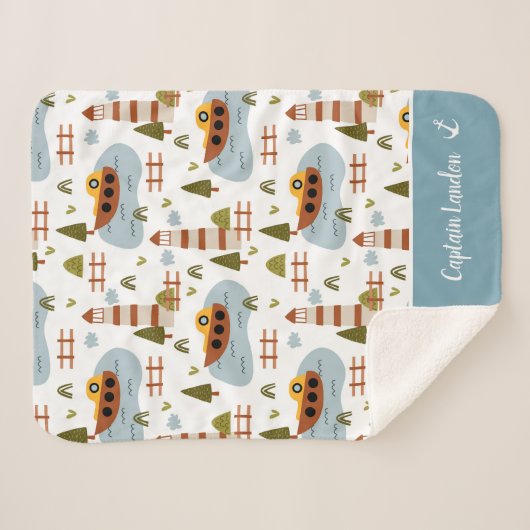 Cute Nautical Lighthouse and Boat Kind Pattern Sherpa Deken (Voorkant (horizontaal))