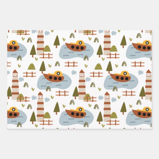 Cute Nautical Lighthouse Boat Kind Pattern Party Inpakpapier Vel (Voorkant 3)
