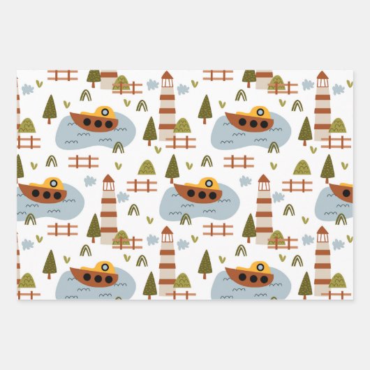 Cute Nautical Lighthouse Boat Kind Pattern Party Inpakpapier Vel (Voorkant)