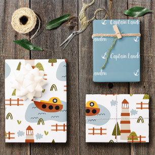 Cute Nautical Lighthouse Boat Kind Pattern Party Inpakpapier Vel