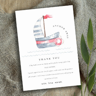 Cute Nautical Pastel Red Blue Sailboat Baby shower Bedankkaart