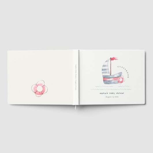 Cute Nautical Pastel Red Blue Sailboat Baby shower Gastenboek (Volledig)