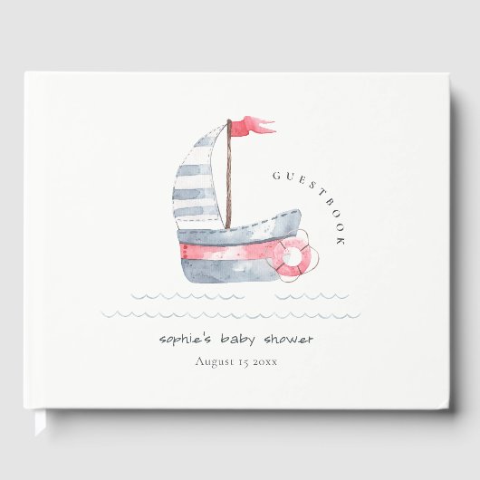 Cute Nautical Pastel Red Blue Sailboat Baby shower Gastenboek (Voorkant)