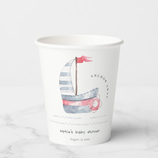 Cute Nautical Pastel Red Blue Sailboat Baby shower Papieren Bekers (Achterkant)