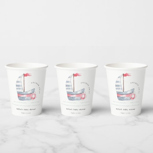 Cute Nautical Pastel Red Blue Sailboat Baby shower Papieren Bekers (Multi)