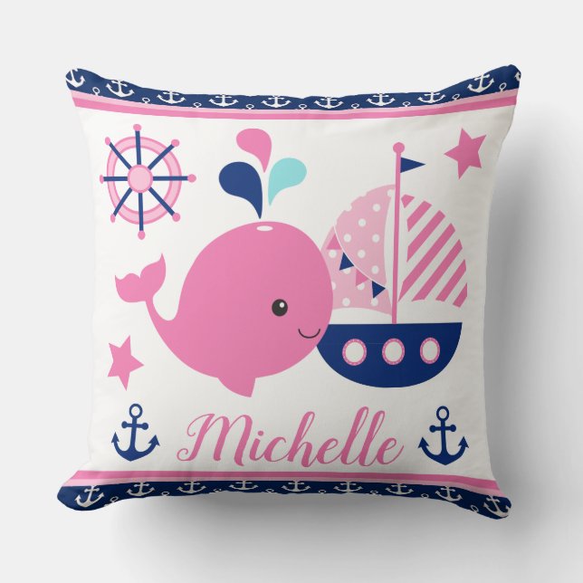 Cute Nautical Pink Whale and Anchors Pattern Kussen (Voorkant)