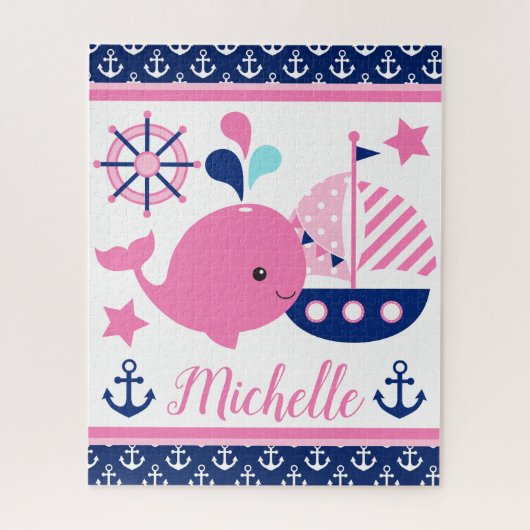 Cute Nautical Pink Whale and Anchors Pattern Legpuzzel (Verticaal)