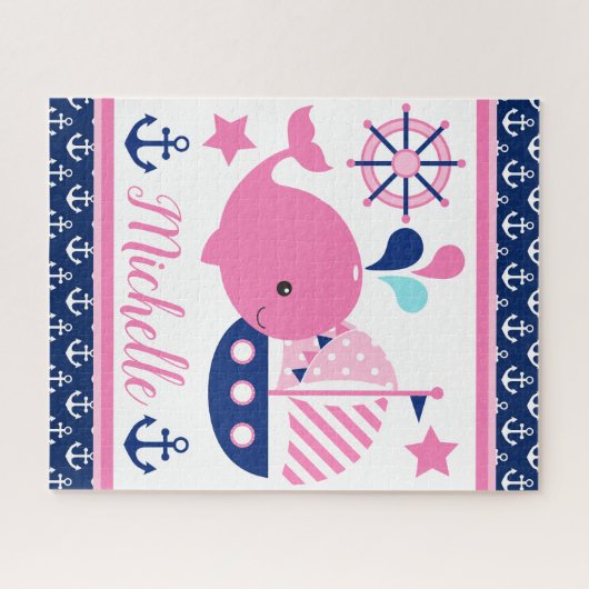 Cute Nautical Pink Whale and Anchors Pattern Legpuzzel (Horizontaal)
