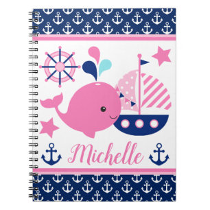 Cute Nautical Pink Whale and Anchors Pattern Notitieboek