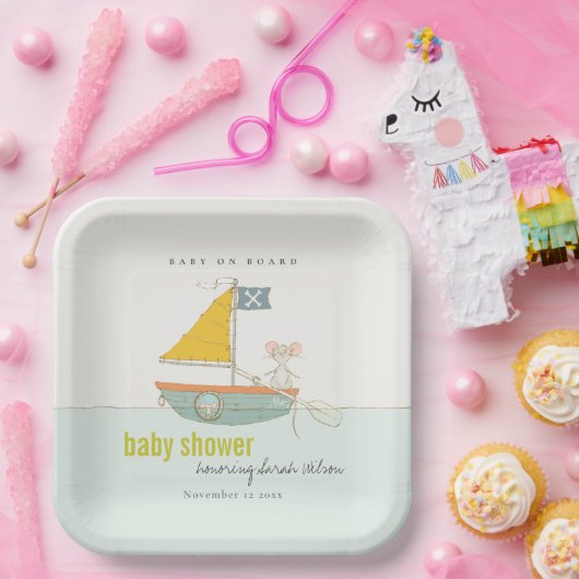 Cute Nautical Pirate Mouse Sailboat Baby shower Papieren Bordje (Feest)