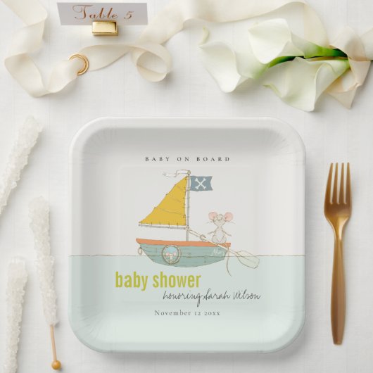Cute Nautical Pirate Mouse Sailboat Baby shower Papieren Bordje (Huwelijk)