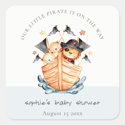 Cute Nautical Pirate Ship Lion Cub Baby shower Vierkante Sticker (Voorkant)