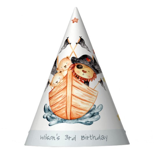 Cute Nautical Pirate Ship Lion Cub Kids Birthday Feesthoedjes (Voorkant)