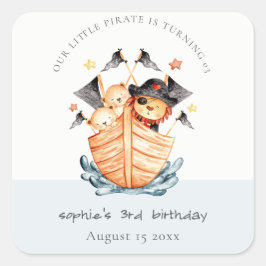 Cute Nautical Pirate Ship Lion Cub Kids Birthday Vierkante Sticker