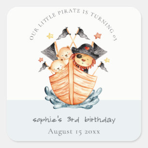 Cute Nautical Pirate Ship Lion Cub Kids Birthday Vierkante Sticker