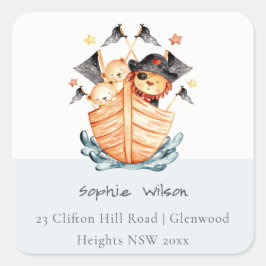 Cute Nautical Pirate Ship Lion Cub Kinder Adres Vierkante Sticker