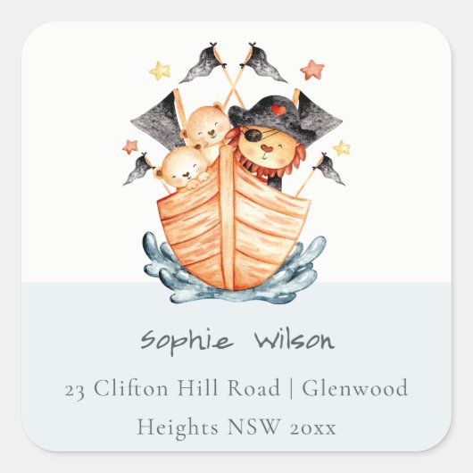 Cute Nautical Pirate Ship Lion Cub Kinder Adres Vierkante Sticker (Voorkant)