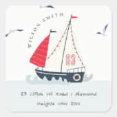 Cute Nautical Red Blue Sailboat Pastel Kind Addres Vierkante Sticker (Voorkant)