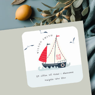 Cute Nautical Red Blue Sailboat Pastel Kind Addres Vierkante Sticker