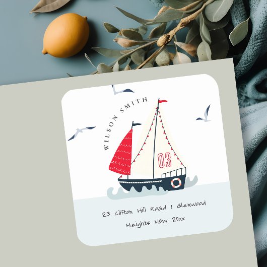 Cute Nautical Red Blue Sailboat Pastel Kind Addres Vierkante Sticker
