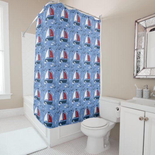 Cute Nautical Sailboat Pattern Kinder Douchegordijn (In situ)