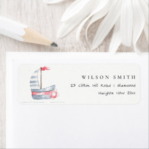 Cute Nautical Soft Red Blue Sailboat Kinder Addres Etiket