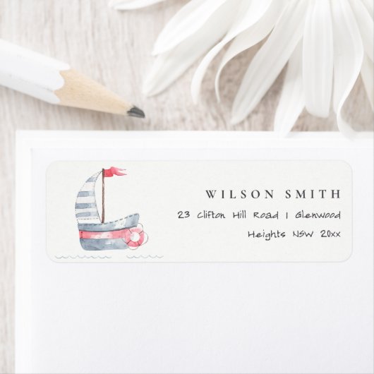 Cute Nautical Soft Red Blue Sailboat Kinder Addres Etiket (Insitu)