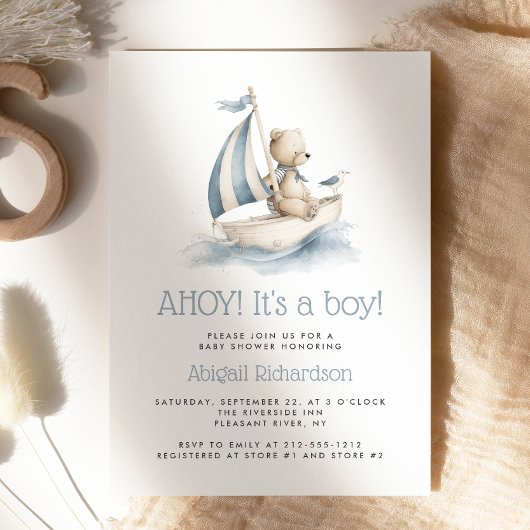 Cute Nautical Teddy Bear Boy Baby Shower Kaart
