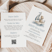 Cute Nautical Teddy Bear QR Code Boy Baby Shower Kaart