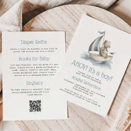 Cute Nautical Teddy Bear QR Code Boy Baby Shower Kaart