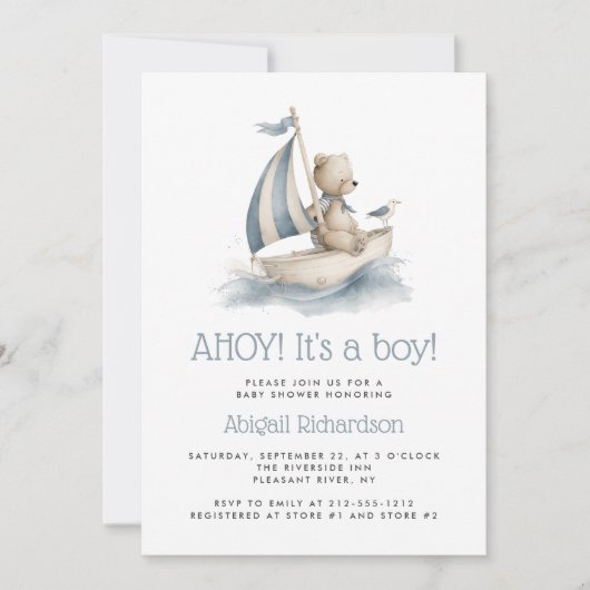 Cute Nautical Teddy Bear QR Code Boy Baby Shower Kaart (Voorkant)