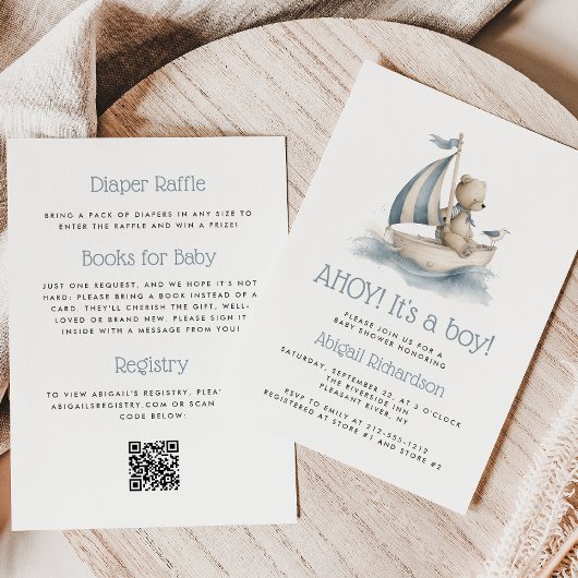 Cute Nautical Teddybeer QR Code Jongens Baby Showe Kaart