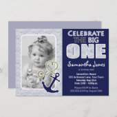 Cute Nautical Theme First Birthday Party Blue Kaart (Voorkant / Achterkant)