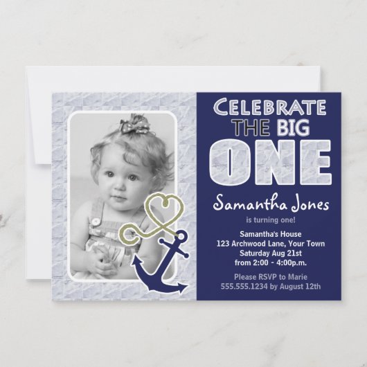 Cute Nautical Theme First Birthday Party Blue Kaart (Voorkant)