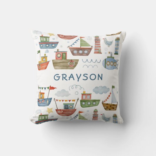 Cute Nautical Waterverf Boats Baby Boy Naam toevoe Kussen (Voorkant)