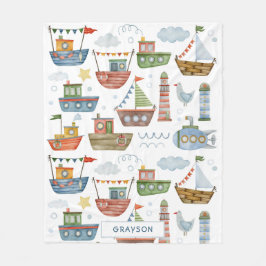 Cute Nautical Waterverf Boats Boy Personalized Fleece Deken