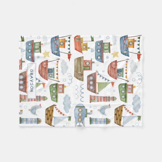 Cute Nautical Waterverf Boats Boy Personalized Fleece Deken (Voorkant (Horizontaal))