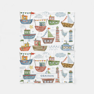 Cute Nautical Waterverf Boats Boy Personalized Fleece Deken