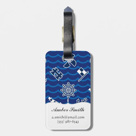 Cute Nautical Waves Pattern Bagagelabel (Achterkant verticaal)