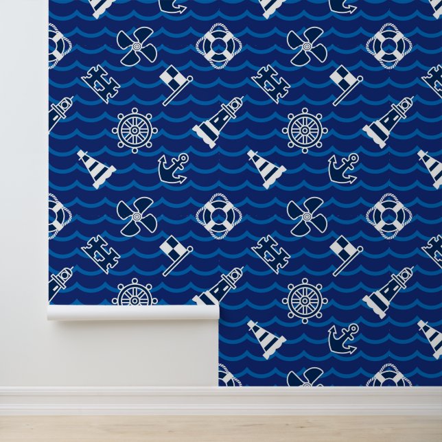 Cute Nautical Waves Pattern Behang (Applicatie)