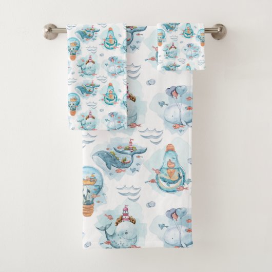 Cute Nautical Whales Waterverf Pattern Bad Handdoek (Insitu)