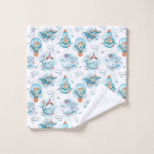 Cute Nautical Whales Waterverf Pattern Bad Handdoek (Wasdoekje)