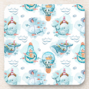 Cute Nautical Whales Waterverf Pattern Bier Onderzetter
