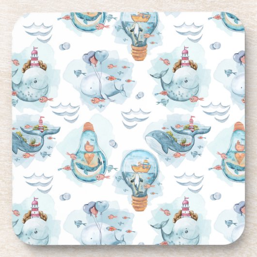 Cute Nautical Whales Waterverf Pattern Bier Onderzetter (Voorkant)