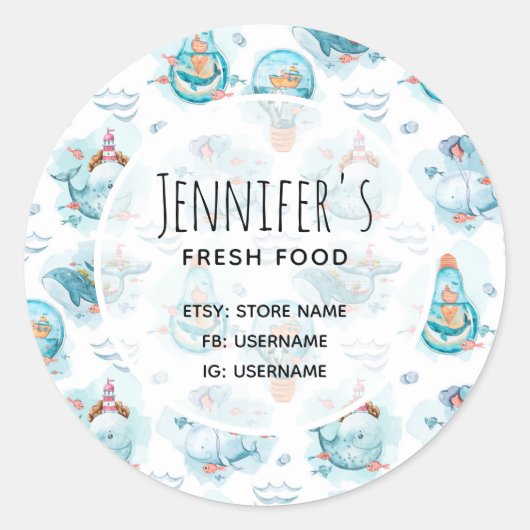 Cute Nautical Whales Waterverf Pattern Business Ronde Sticker (Voorkant)