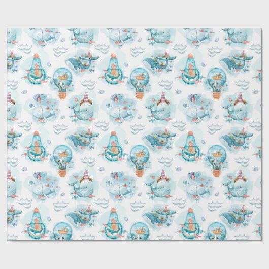 Cute Nautical Whales Waterverf Pattern Cadeaupapier (Vlak)