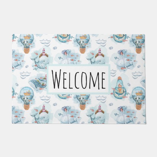 Cute Nautical Whales Waterverf Pattern Deurmat (Voorkant)