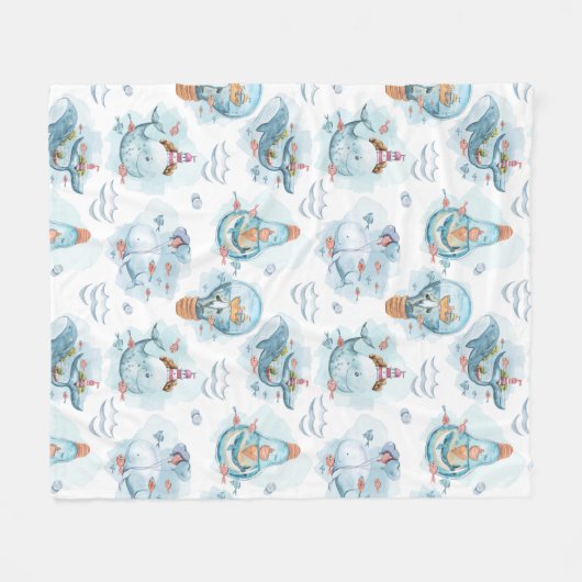 Cute Nautical Whales Waterverf Pattern Fleece Deken (Voorkant (Horizontaal))