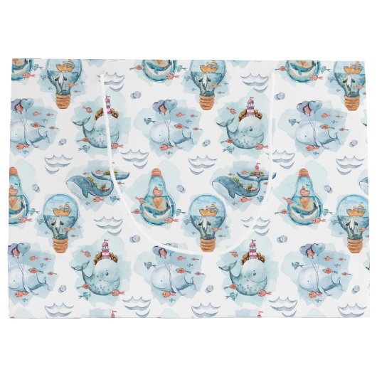 Cute Nautical Whales Waterverf Pattern Groot Cadeauzakje (Achterkant)